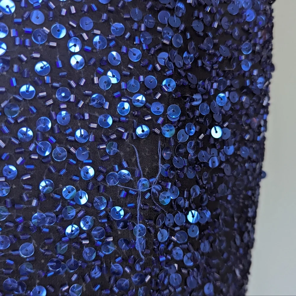 Vintage Oleg Cassini Neiman Marcus Blue Sequin Beaded Silk Cocktail Dress - Picture 8 of 12